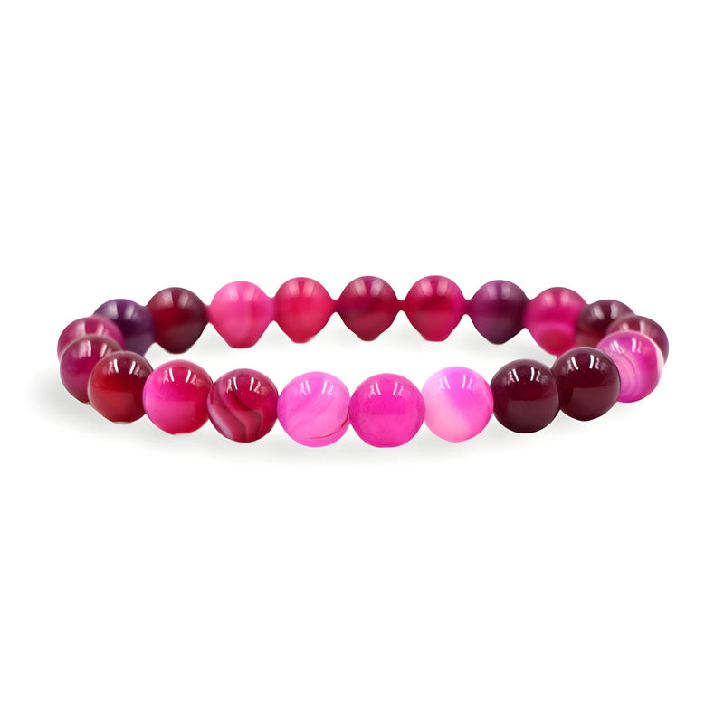 Bracelet mixte en pierre d'agate ronde aux tons rouges et roses vifs, finition brillante.
