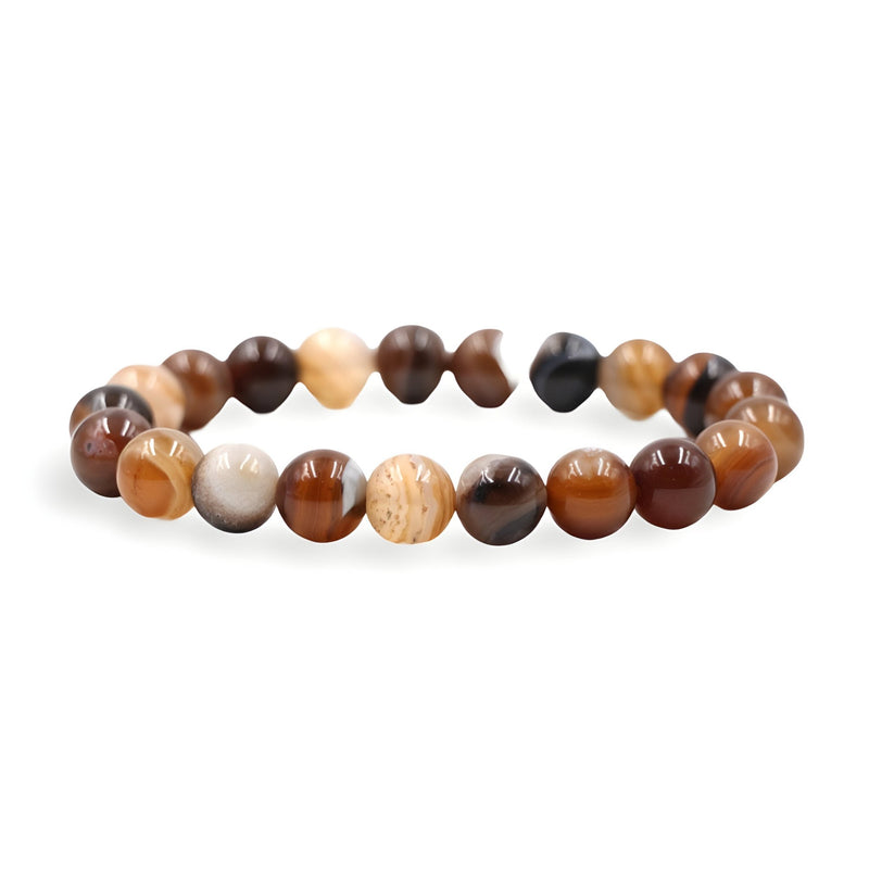 Bracelet mixte en pierres d'agate marron et beige, perles rondes polies, style naturel.