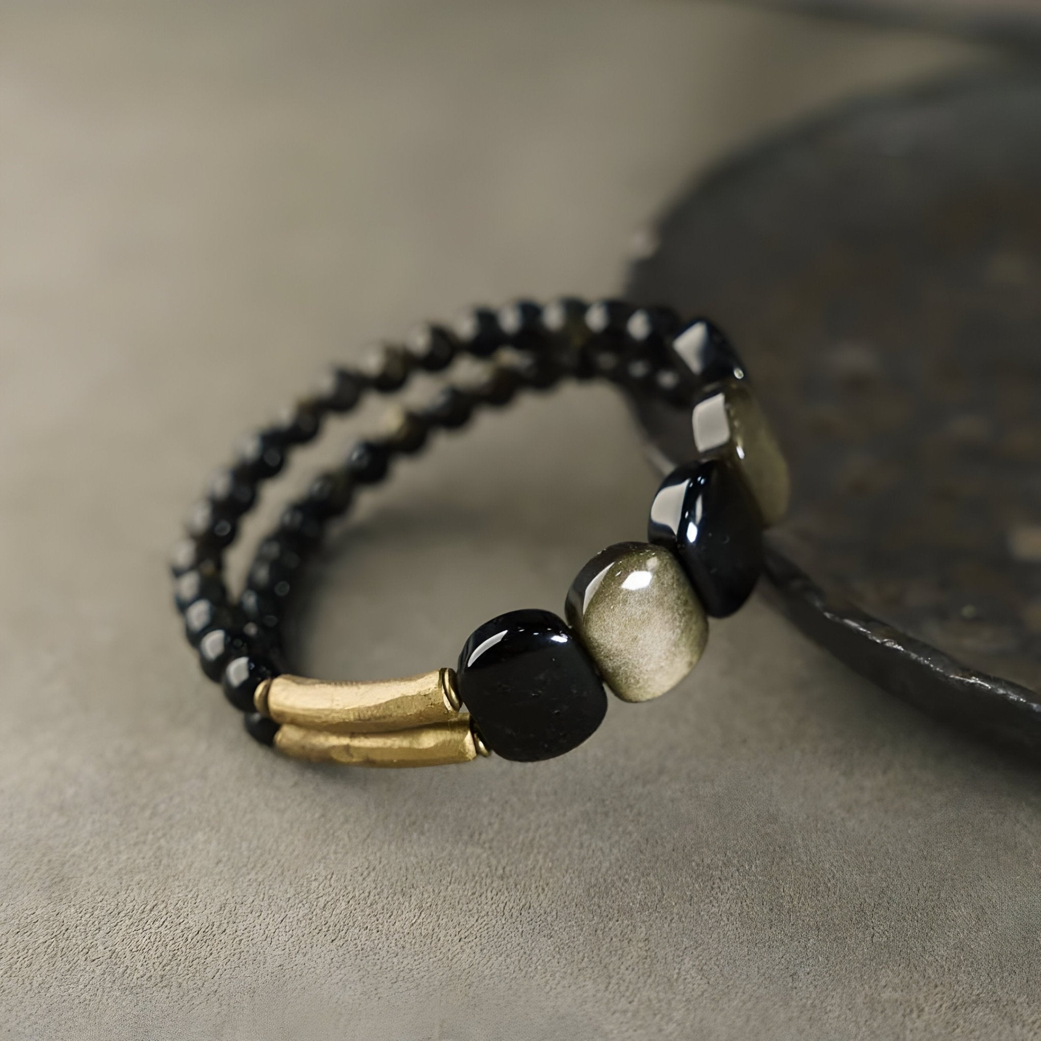 Bracelet en pierre d'obsidienne dorée et laiton, pour femme, modèle Anica - La Boutique du Bracelet