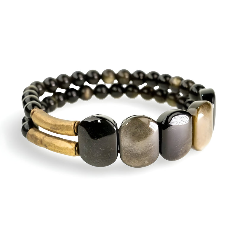 Bracelet double rang en perles noires d'obsidienne dorée et éléments en laiton poli, style Anica.