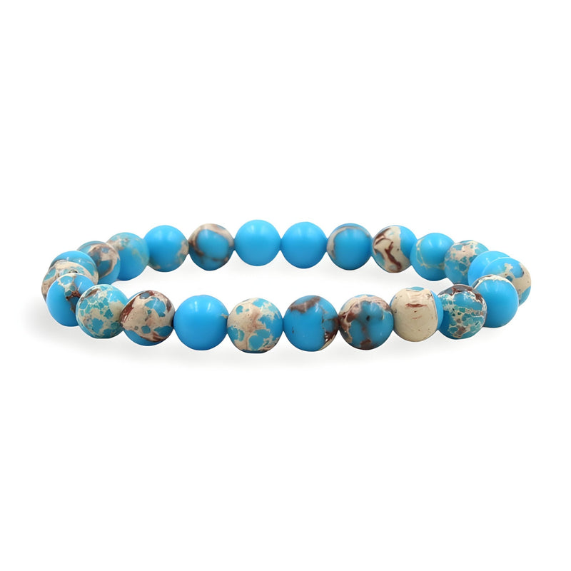 Bracelet mixte en pierres naturelles turquoise et beige, style perles rondes polies.