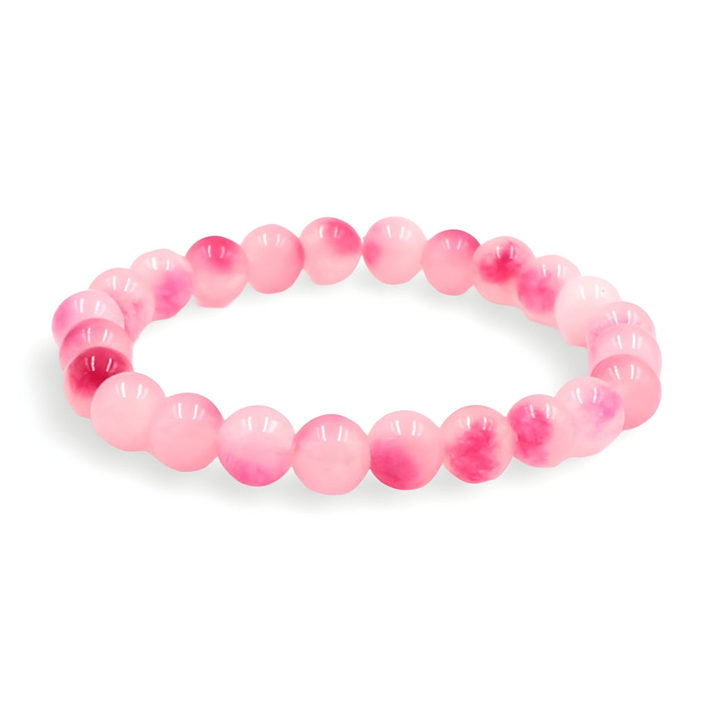 Bracelet mixte en pierres naturelles d’agate rose, perles rondes polies et élastique transparent.