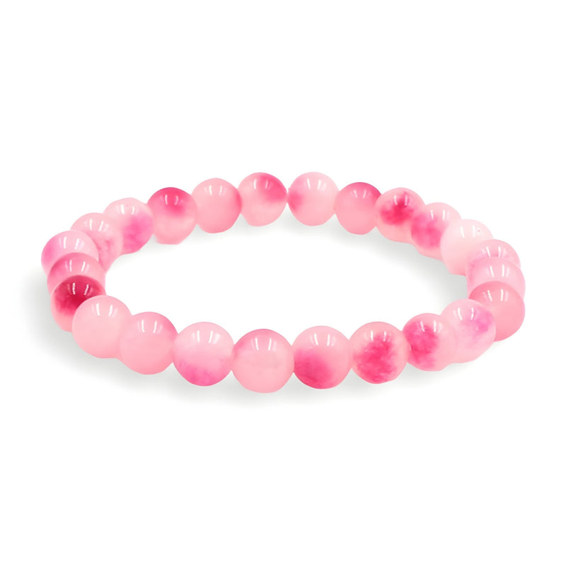 Bracelet mixte en pierres naturelles d’agate rose, perles rondes polies et élastique transparent.