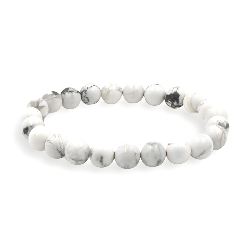 Bracelet mixte en pierres naturelles d'howlite blanche avec veines grises, perles rondes lisses.