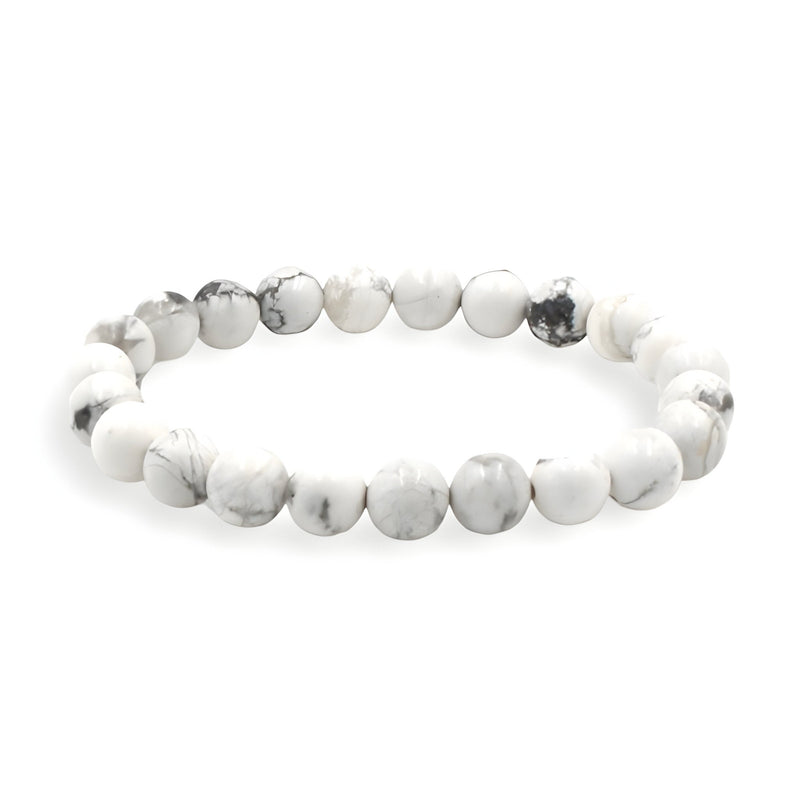 Bracelet mixte en pierres naturelles d'howlite blanche avec veines grises, perles rondes lisses.