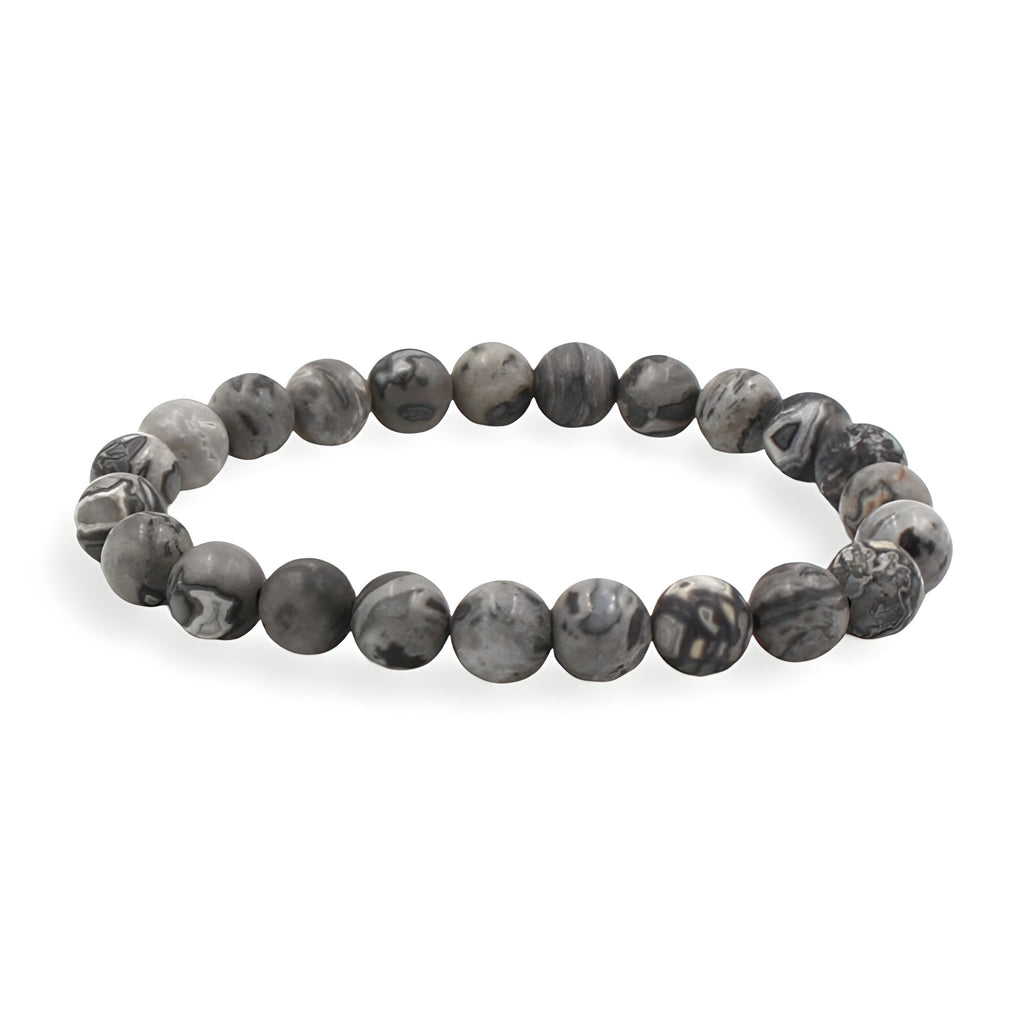 Bracelet mixte Bertille en pierres naturelles agate grise avec motifs tachetés et ronds lisses.