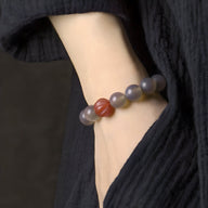 Bracelet mixte en pierres d'agate gris et perle rouge rayée, style méditation, 16 cm.