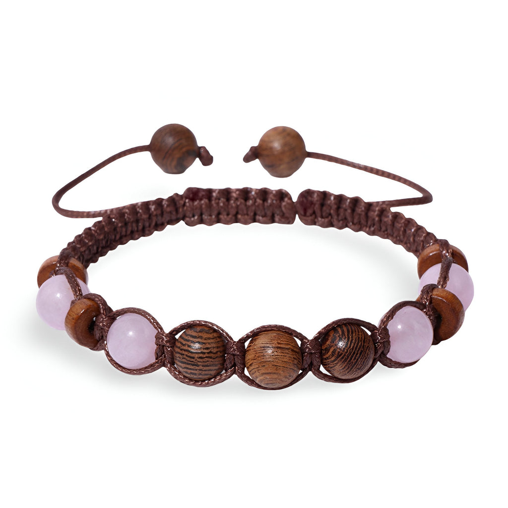 Bracelet mixte en bois sombre et pierres naturelles rose quartz avec cordon tressé réglable.