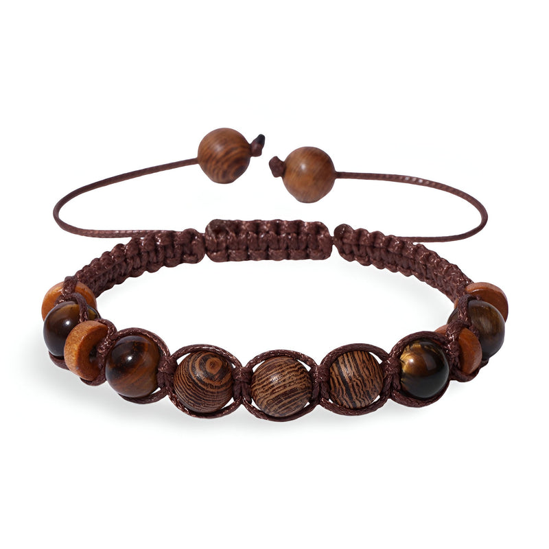 Bracelet mixte en bois foncé poli avec cordon marron tressé et perles rondes naturelles.