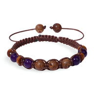 Bracelet ajustable mixte en pierres d'améthyste et perles de bois foncé tressé en macramé.