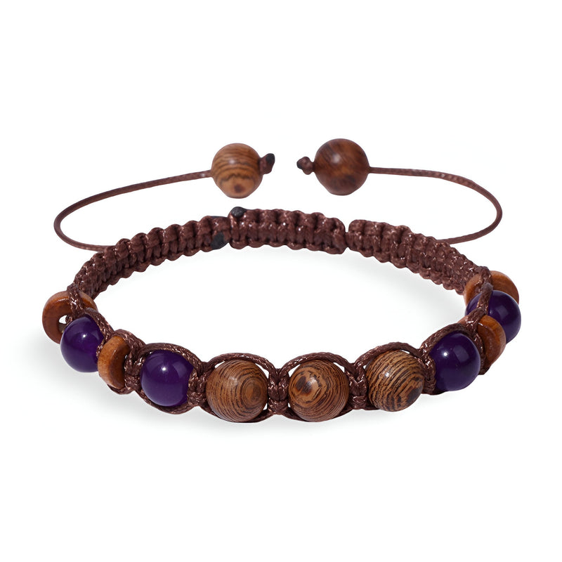 Bracelet ajustable mixte en pierres d'améthyste et perles de bois foncé tressé en macramé.