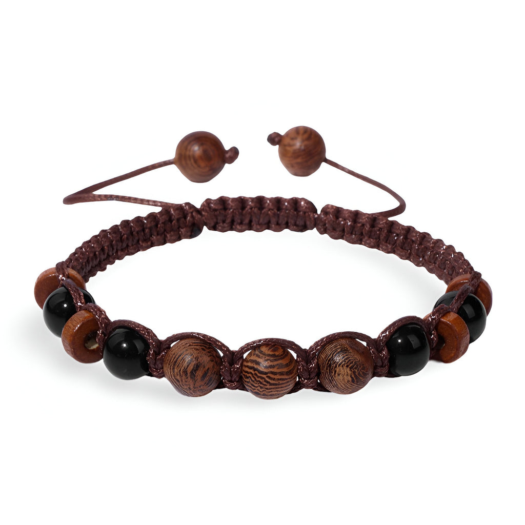 Bracelet mixte en bois foncé avec pierres naturelles brun et noires ajustable par nœuds coulissants.
