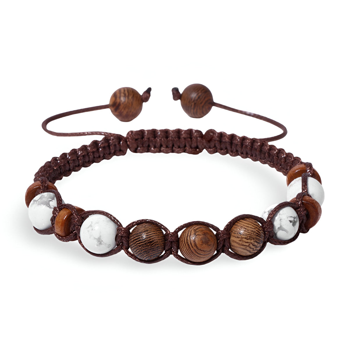 Bracelet mixte en bois marron et pierres blanches marbrées, cordon tressé réglable.