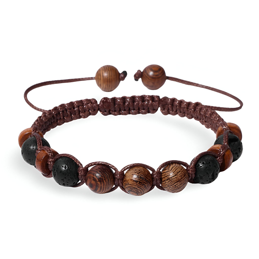 Bracelet mixte en bois et pierres naturelles noires sur cordon marron tressé ajustable.