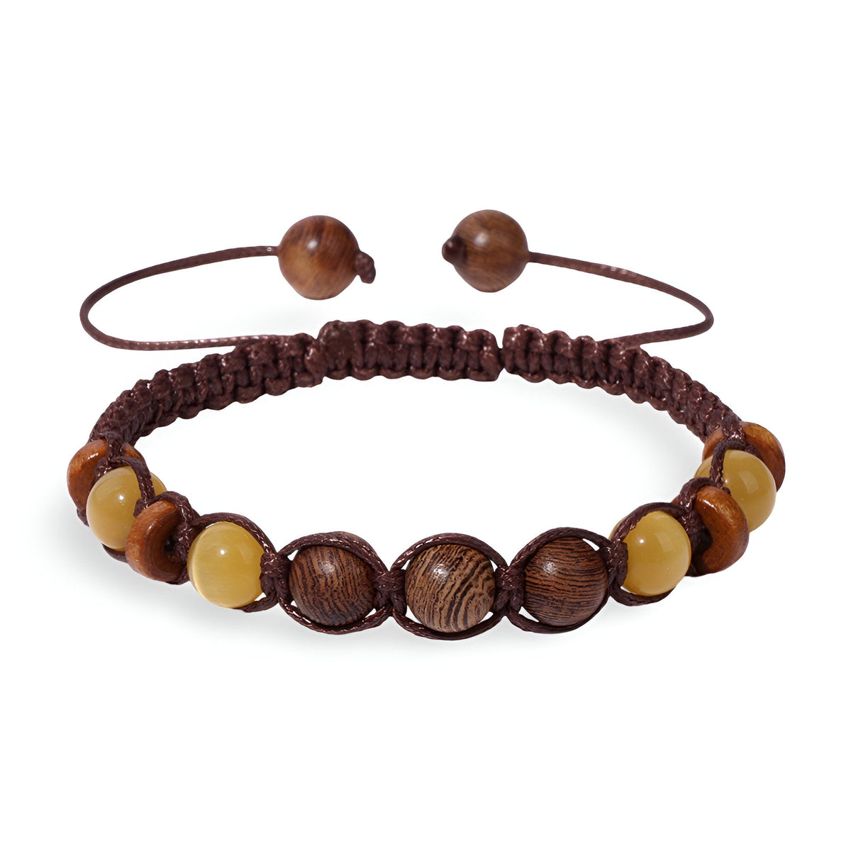 Bracelet mixte en bois foncé et perles jaunes en pierre naturelle, cordon tressé réglable.
