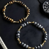 Bracelet mixte à perles naturelles Oeil de Tigre marron et cuivre doré, modèle Andy.