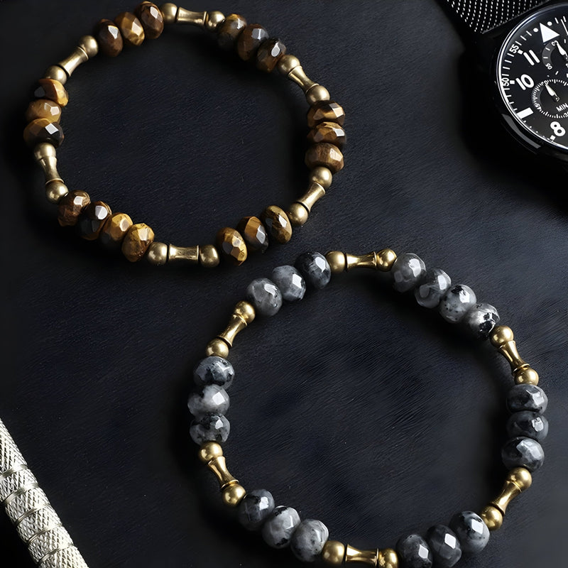 Bracelet mixte à perles naturelles Oeil de Tigre marron et cuivre doré, modèle Andy.