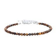 Bracelet fin mixte en perles d’œil de tigre marron avec fermoir argenté.