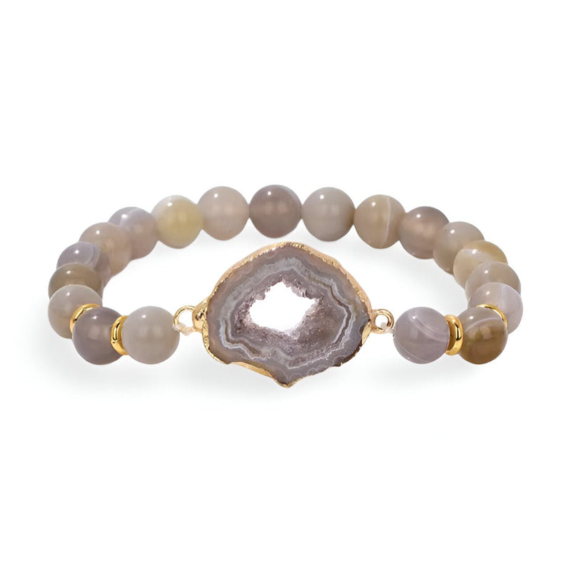 Bracelet en agate grise avec pierre centrale irrégulière et détails dorés, style naturel élégant.