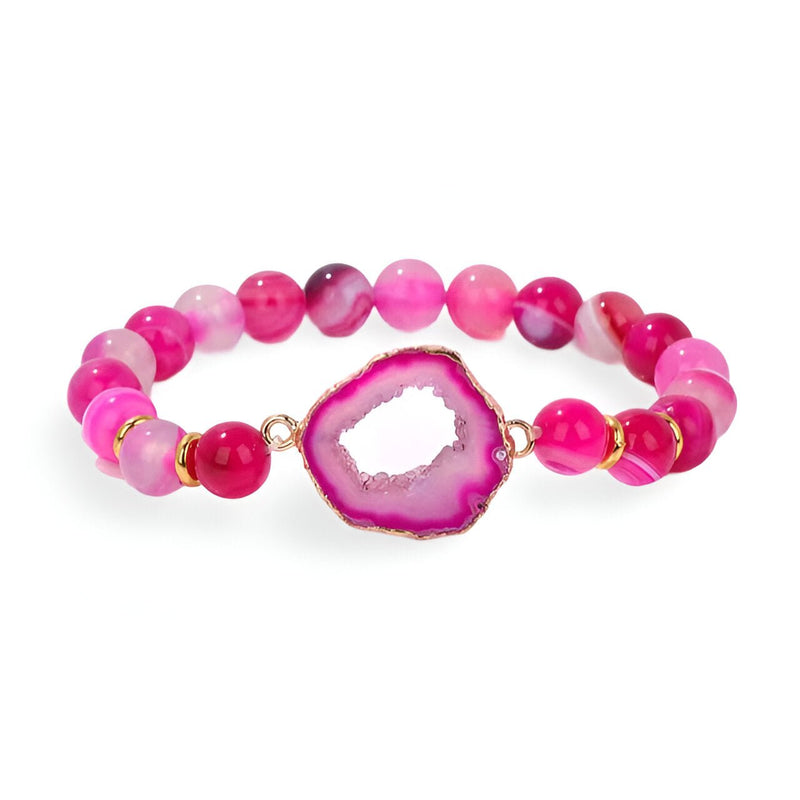 Bracelet femme en agate rose irrégulière avec perles rondes et accents dorés.
