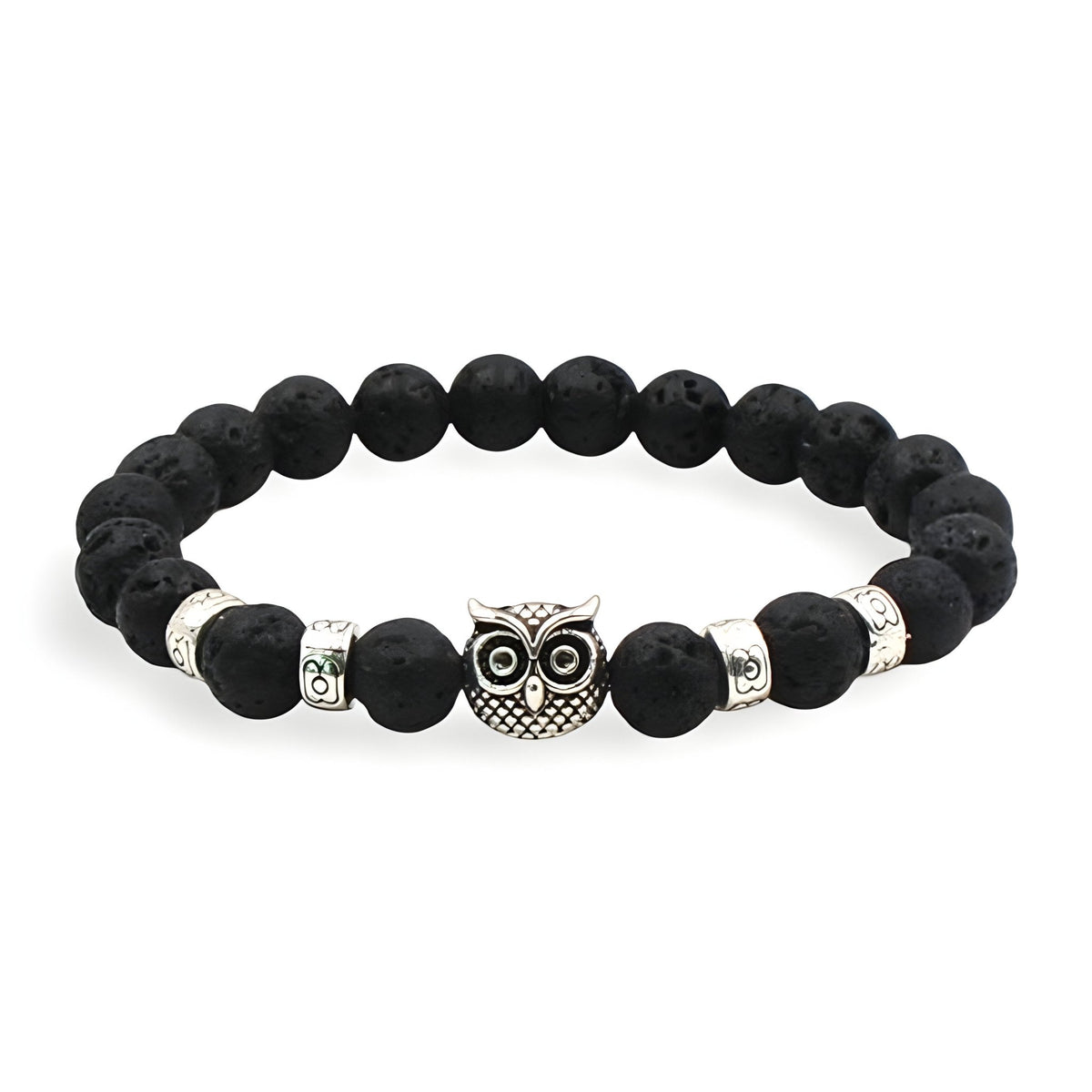 Bracelet mixte en pierre volcanique noire avec perles rondes et pendentif hibou argenté détaillé.