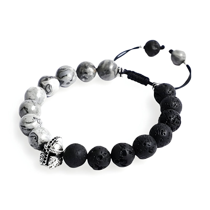 Bracelet homme en pierres volcaniques noires et jaspe gris avec ornement métal argenté style spartiate.