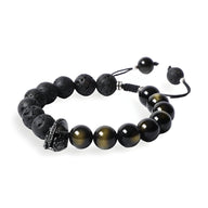 Bracelet homme pierres volcaniques noires et perles brillantes avec ornement casque spartiate noir.