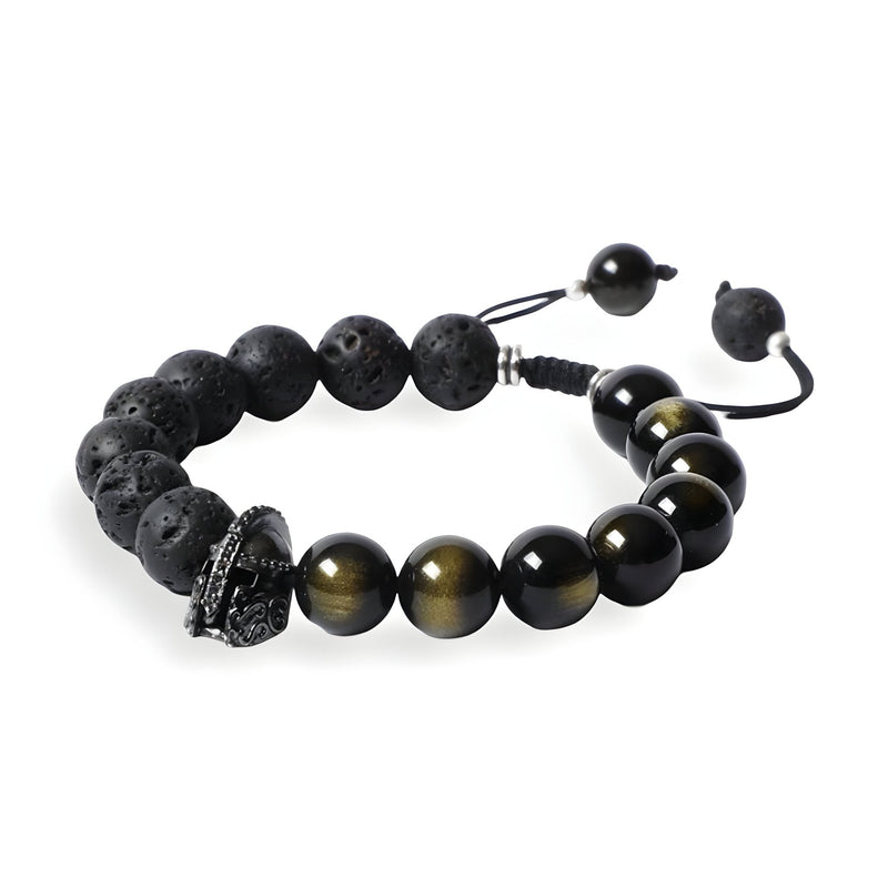 Bracelet homme pierres volcaniques noires et perles brillantes avec ornement casque spartiate noir.