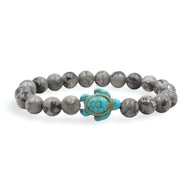 Bracelet mixte en perles gris marbré avec tortue turquoise centrale en pierre naturelle.