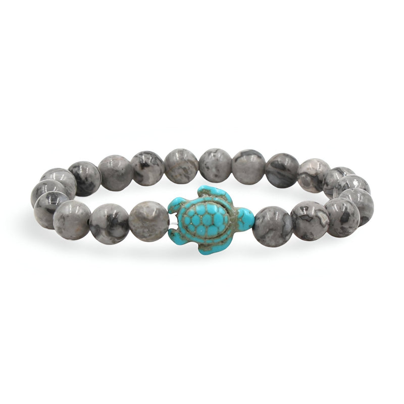 Bracelet mixte en perles gris marbré avec tortue turquoise centrale en pierre naturelle.