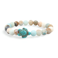 Bracelet mixte en perles naturelles multicolores avec tortue turquoise sculptée centrale.