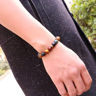 Bracelet mixte en pierres naturelles multicolores, perles rondes variées, style système solaire, 18 cm.