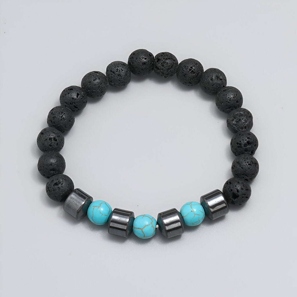 Bracelet homme perles noires en pierre volcanique avec perles turquoise et hématite.