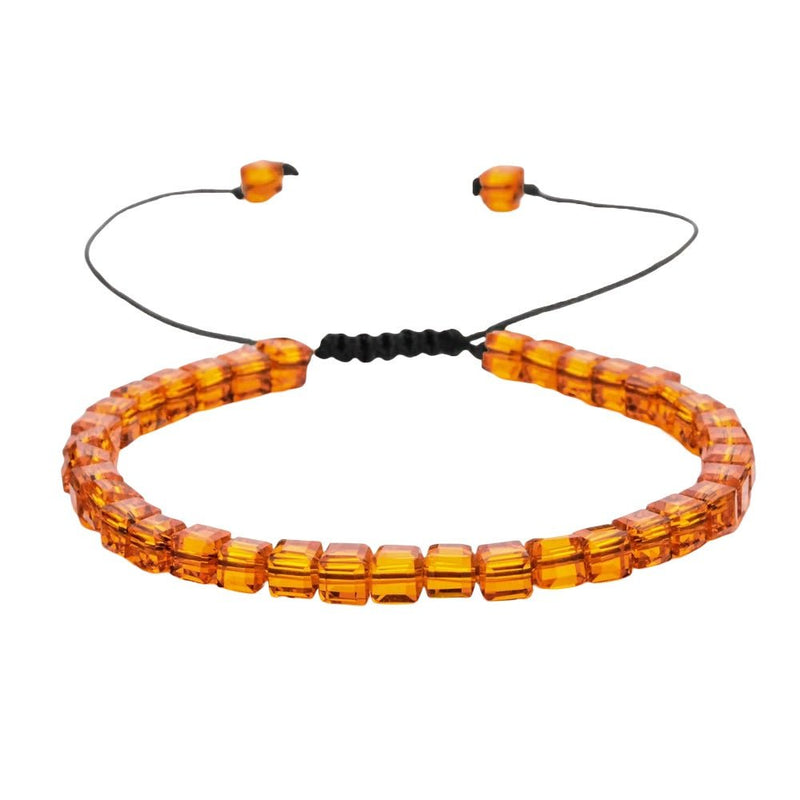Bracelet ajustable en cordon noir avec pierres de cristal autrichiennes carrées orange ambré.