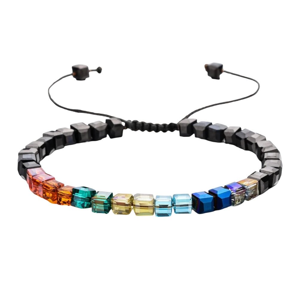 Bracelet ajustable à cordon noir avec pierres de cristal carrées multicolores, modèle Lancel.