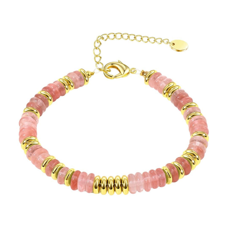 Bracelet femme en pierres de cristal rose avec détails dorés et fermoir ajustable.
