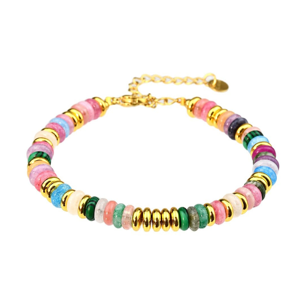 Bracelet femme en pierres de cristal multicolores avec perles dorées et chaîne réglable.