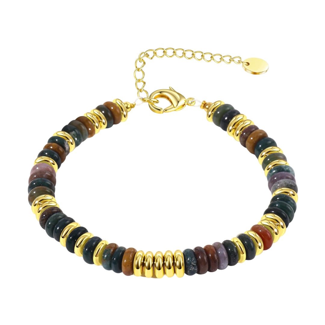 Bracelet femme en pierres de cristal multicolores avec intercalaires dorés et fermoir ajustable.