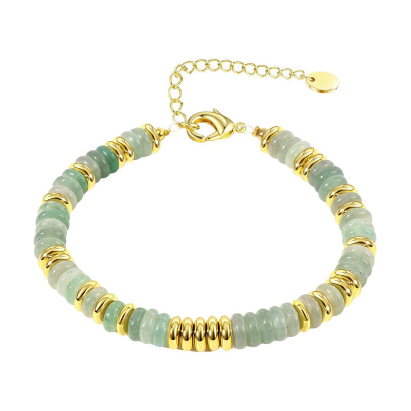 Bracelet femme en perles de cristal vert clair et anneaux dorés, fermoir chaîne réglable.