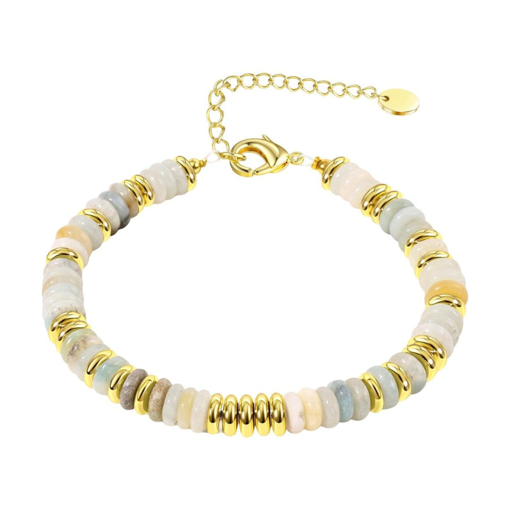 Bracelet femme pierres de cristal multicolores et anneaux dorés avec fermoir chaînette ajustable.