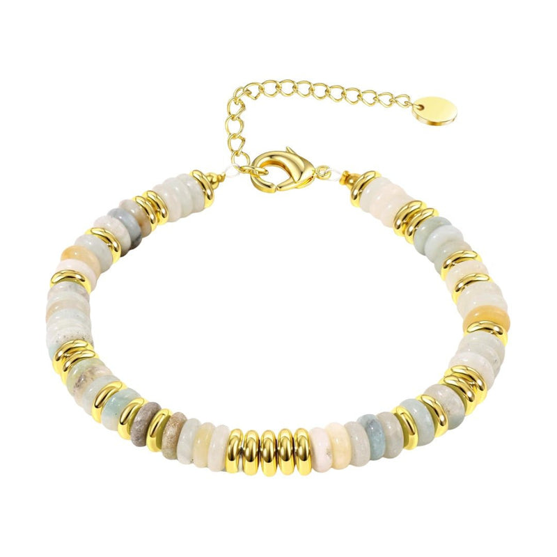 Bracelet femme pierres de cristal multicolores et anneaux dorés avec fermoir chaînette ajustable.