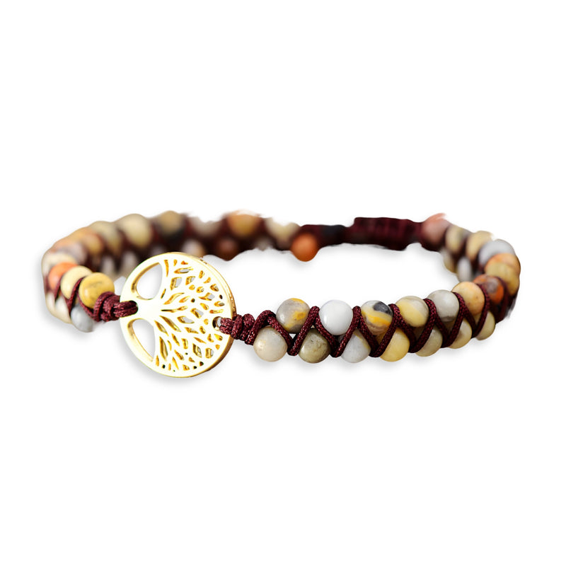 Bracelet femme en pierres de jaspe beige et marron avec pendentif arbre de vie en métal doré.