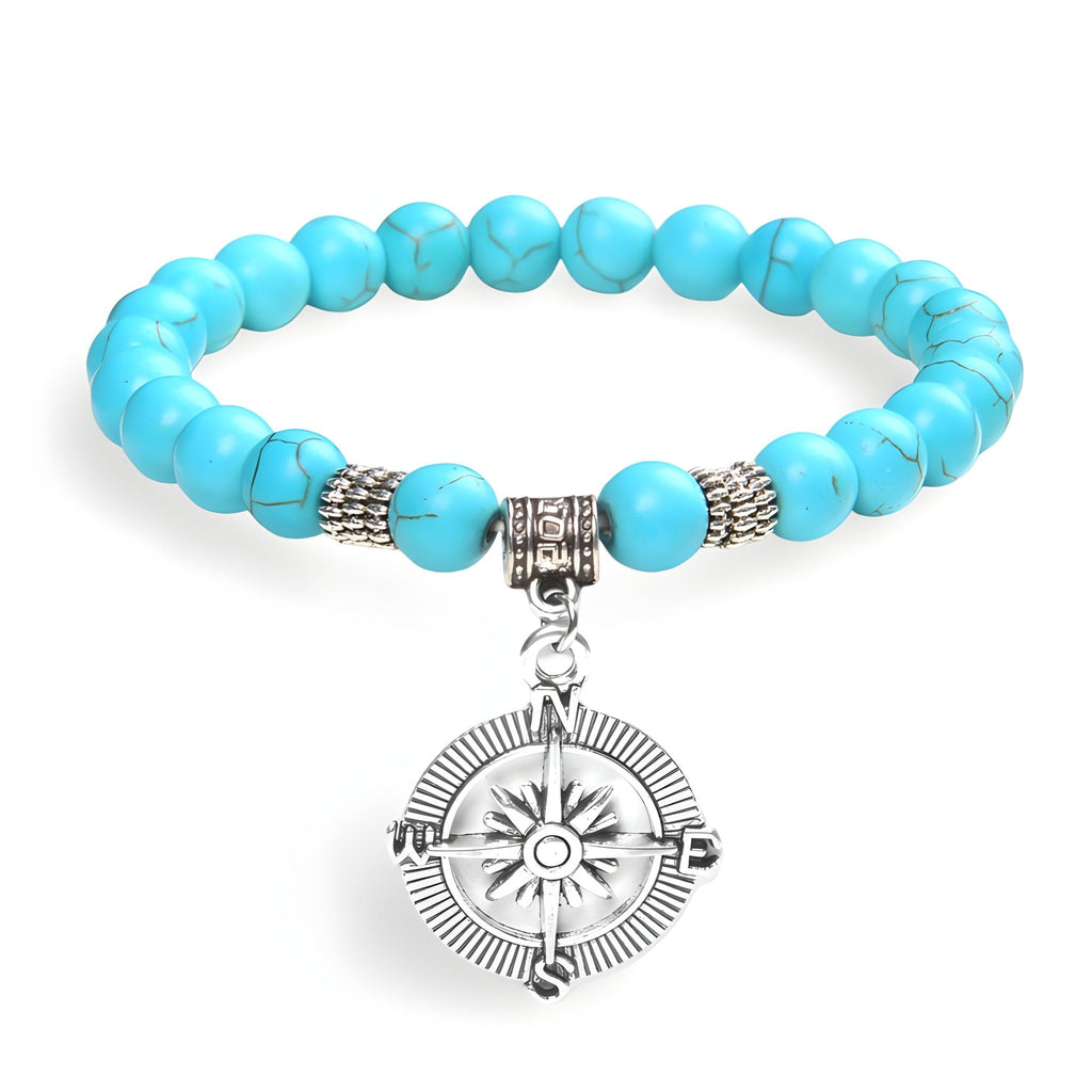Bracelet homme en pierres turquoise avec charm boussole en métal argenté, modèle Bear.
