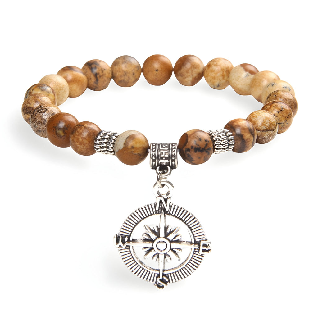 Bracelet homme en pierres naturelles marron avec charm boussole argenté detailed.