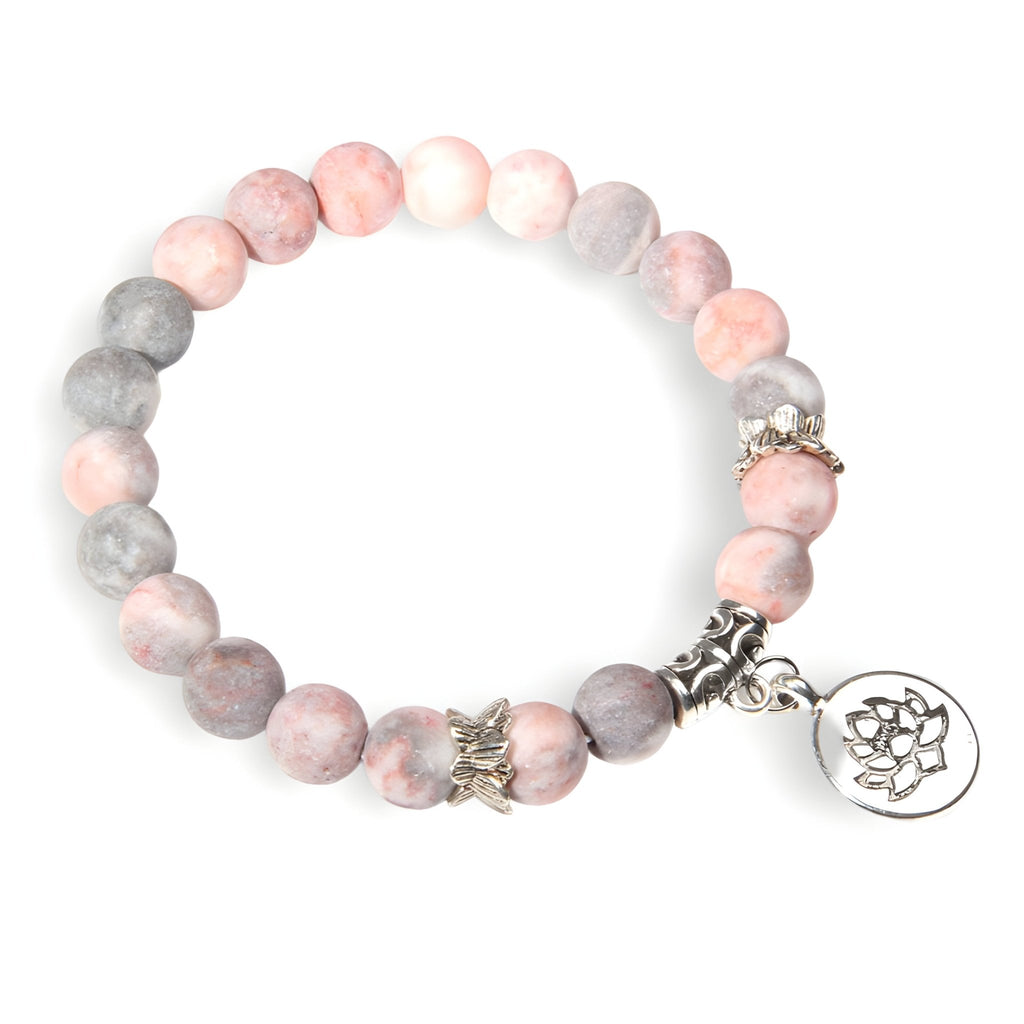 Bracelet mixte en perles rondes roses et grises, charm fleur de lotus argenté, modèle Kai.