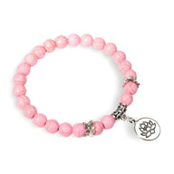 Bracelet mixte en quartz rose avec perles rondes et charm fleur de lotus en métal argenté.