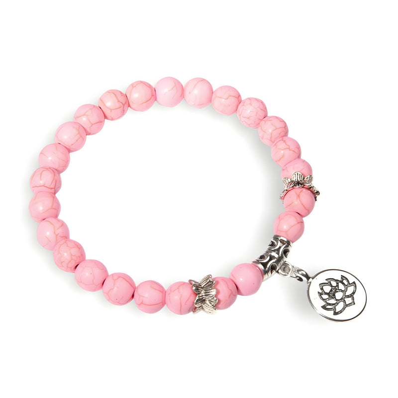 Bracelet mixte en quartz rose avec perles rondes et charm fleur de lotus en métal argenté.