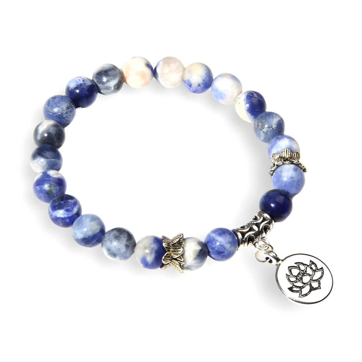 Bracelet mixte perles naturelles bleues et blanches, charme fleur de lotus en métal argenté.