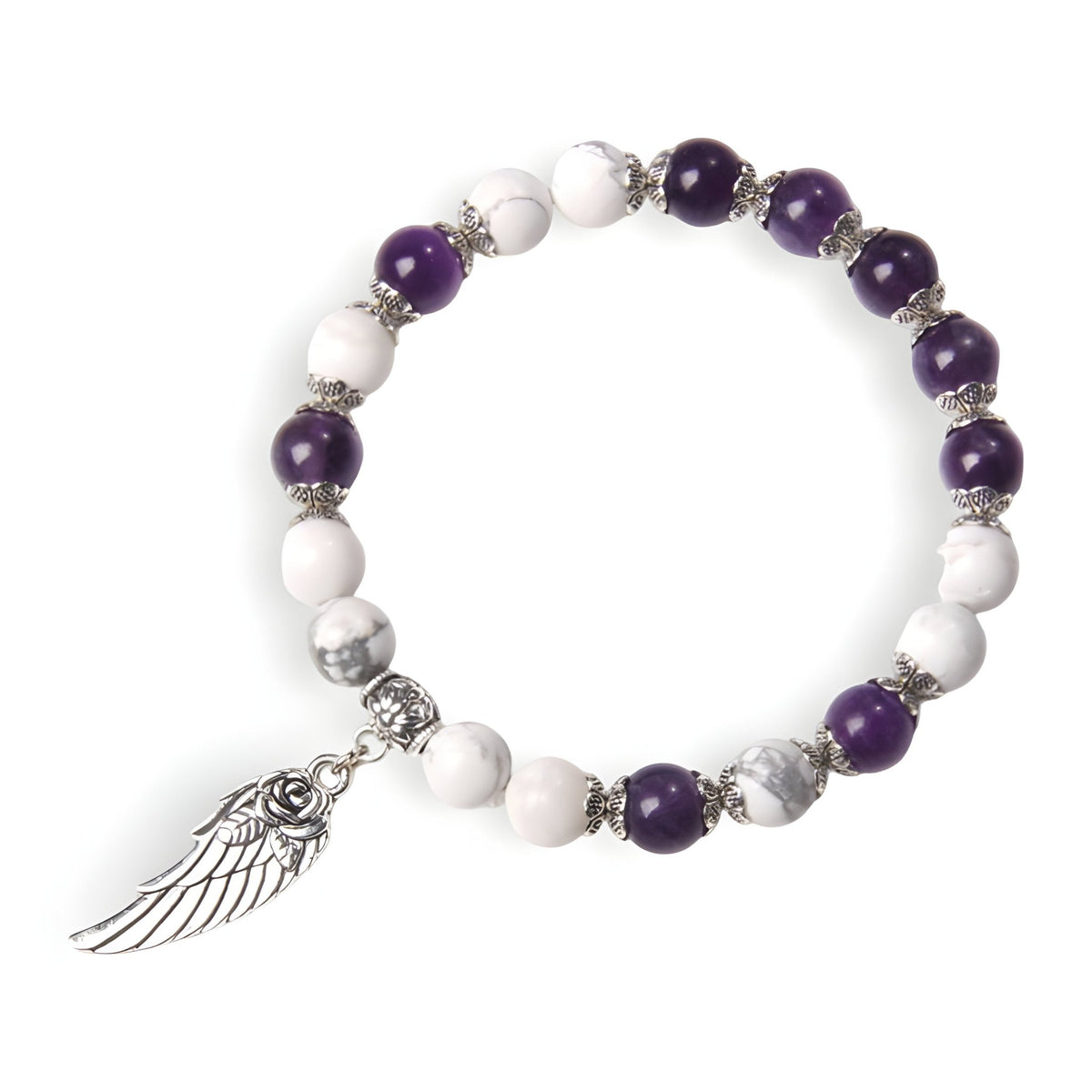 Bracelet mixte en perles d'améthyste et pierres blanches avec charm plume argenté.