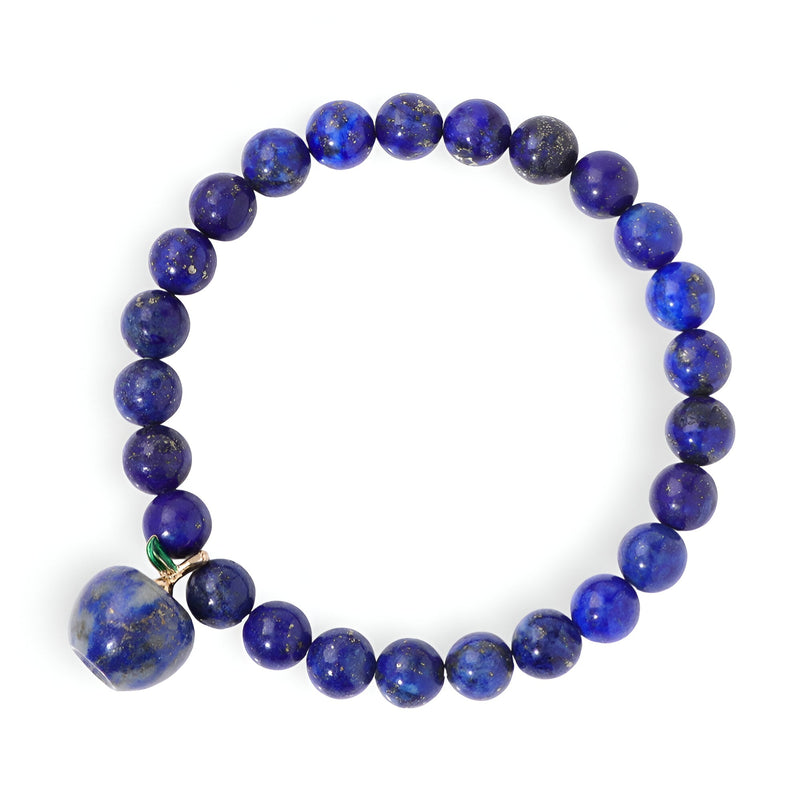 Bracelet mixte en lapis lazuli avec perles rondes et charm pomme en pierre assortie.